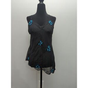 Pinky Womens Sz MED Black Sheer Top Sequins Asymmetric Fairy Grunge Goth Witchy